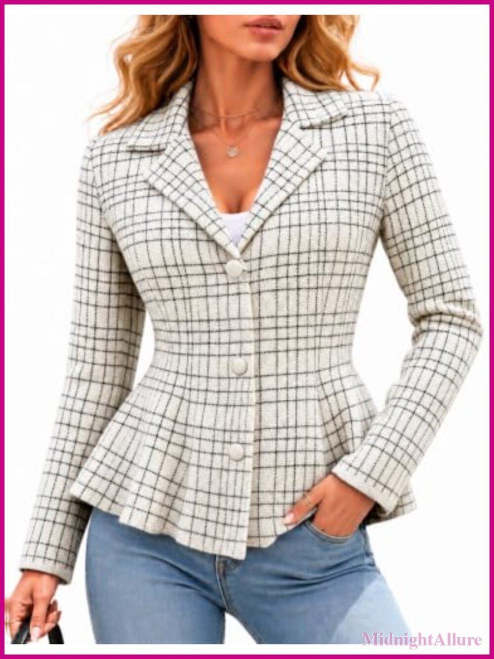 Plaid Peplum Sweater Blazer Notched Lapel Business Casual